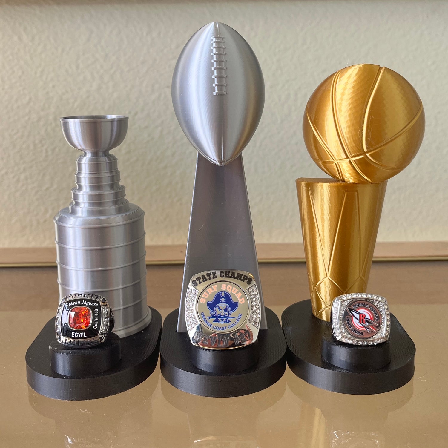 Sports Trophy Ring Holder – Basketball, Football & Hockey Ball Display Stand