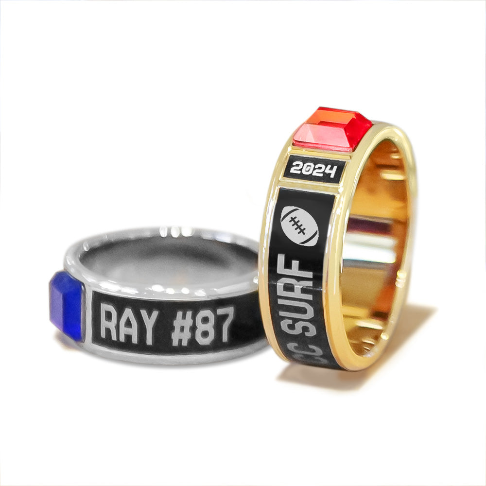 Custom Football Band Ring | Personalized Team Keepsake with Engraved Name, Year & Gemstone